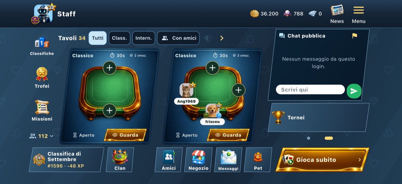 La lobby di 97 Burraco con tavoli, chat e tornei